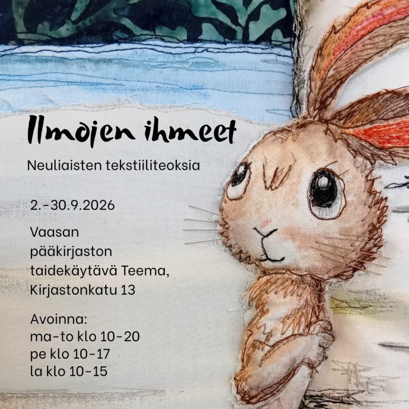 Ilmojen ig fb (1) Osakuva Riitta Pohjanpalon tekstiiliteoksesta, jossa pupu hämmästelee revontulia.